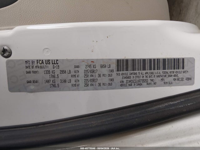 Aukcja sprzedaży 2019 Dodge Grand Caravan Sxt, vin: 2C4RDGCG1KR735253, numer aukcji: 45779348