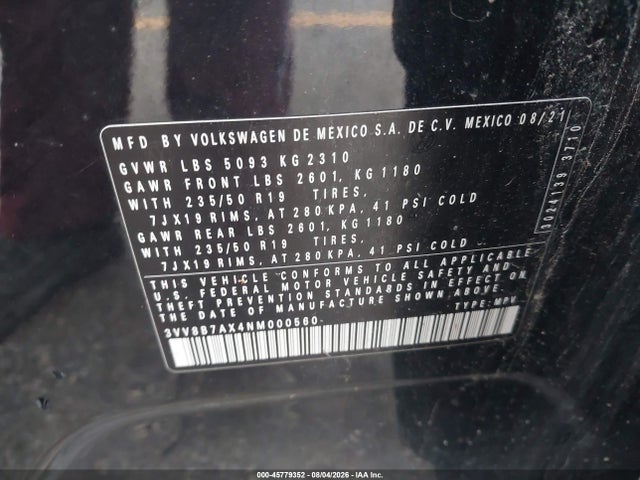 Продаж на аукціоні авто 2022 Volkswagen Tiguan 2.0t Se R-line Black, vin: 3VV8B7AX4NM000560, номер лоту: 45779352