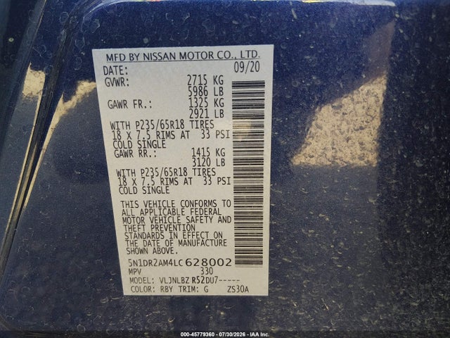 Nissan Pathfinder S 4wd 2020 5N1DR2AM4LC628002 Image 9