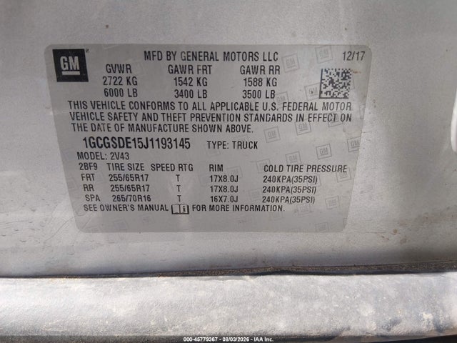 Продажа на аукционе авто 2018 Chevrolet Colorado Z71, vin: 1GCGSDE15J1193145, номер лота: 45779367
