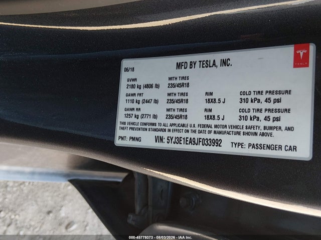5YJ3E1EA9JF033992 Tesla Model 3 Long Range/mid Range