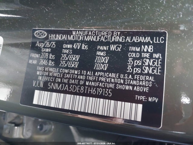 2026 Hyundai Tucson Se მანქანა იყიდება აუქციონზე, vin: 5NMJA3DE8TH619135, აუქციონის ნომერი: 45779377