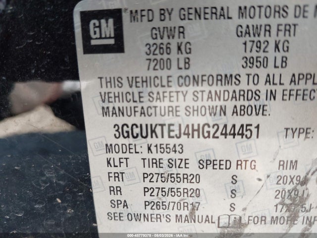 Aukcja sprzedaży 2017 Chevrolet Silverado 1500 High Country, vin: 3GCUKTEJ4HG244451, numer aukcji: 45779378