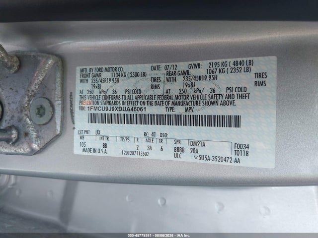 Aukcja sprzedaży 2013 Ford Escape Titanium, vin: 1FMCU9J9XDUA46061, numer aukcji: 45779381