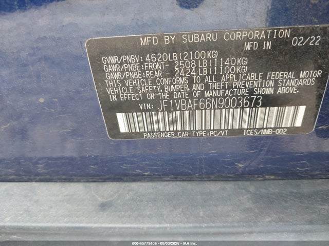 45779406 :رقم المزاد ، JF1VBAF66N9003673 vin ، 2022 Subaru Wrx Premium مزاد بيع