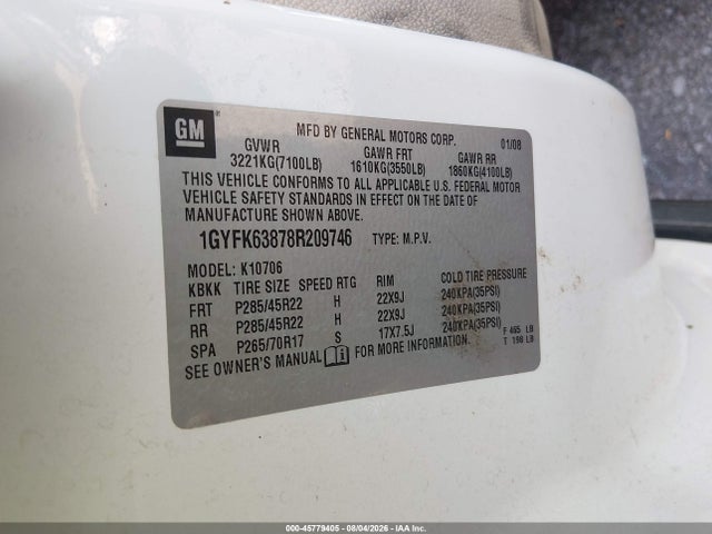 45779405 :رقم المزاد ، 1GYFK63878R209746 vin ، 2008 Cadillac Escalade مزاد بيع