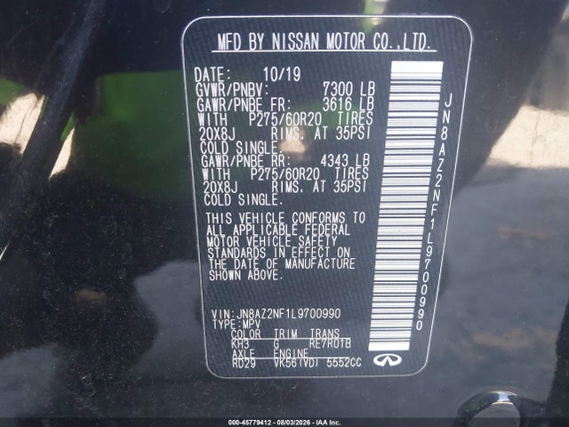 Aukcja sprzedaży 2020 Infiniti Qx80 Luxe, vin: JN8AZ2NF1L9700990, numer aukcji: 45779412