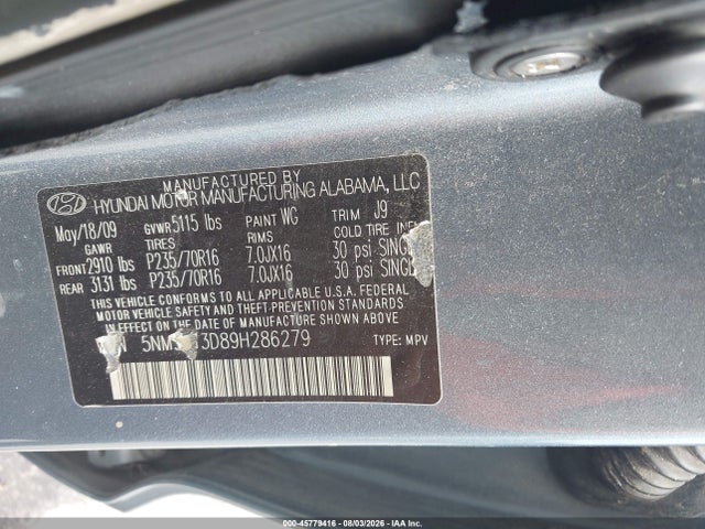 Продажа на аукционе авто 2009 Hyundai Santa Fe Gls, vin: 5NMSG13D89H286279, номер лота: 45779416
