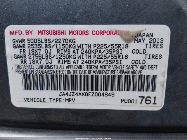 Aukcja sprzedaży 2014 Mitsubishi Outlander Gt, vin: JA4JZ4AX0EZ004849, numer aukcji: 45779420