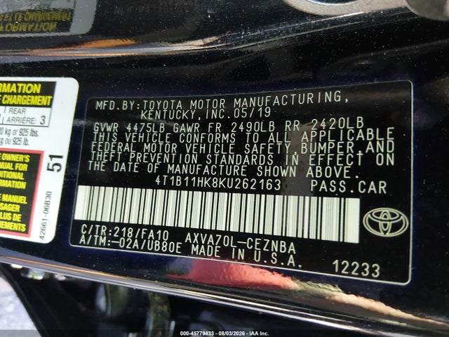 Продаж на аукціоні авто 2019 Toyota Camry Le, vin: 4T1B11HK8KU262163, номер лоту: 45779433