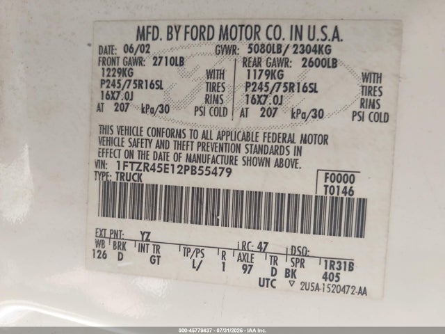 45779437 :رقم المزاد ، 1FTZR45E12PB55479 vin ، 2002 Ford Ranger Edge/xlt مزاد بيع