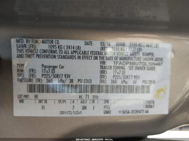 Aukcja sprzedaży 2016 Ford C-max Hybrid Sel, vin: 1FADP5BU7GL109497, numer aukcji: 45779457
