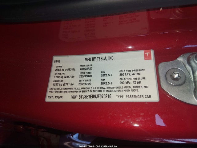 45779466 :رقم المزاد ، 5YJ3E1EB9JF075216 vin ، 2018 Tesla Model 3 Long Range/performance مزاد بيع