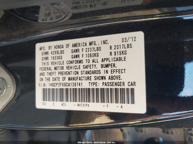 45779474 :رقم المزاد ، 1HGCP2F66CA138741 vin ، 2012 Honda Accord 2.4 Se مزاد بيع