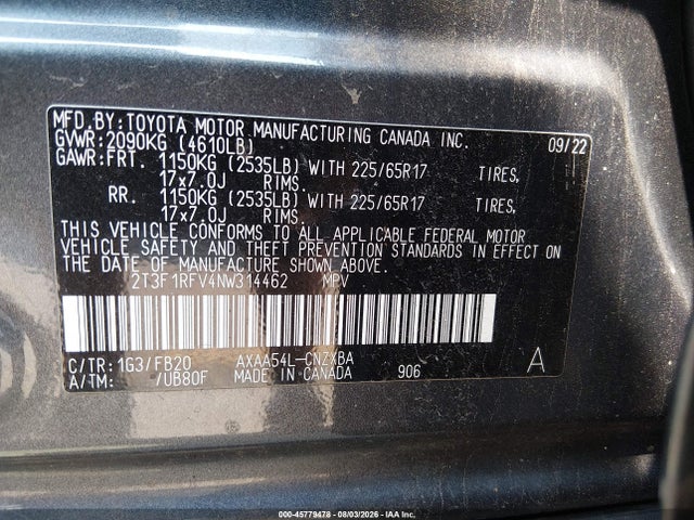 Aukcja sprzedaży 2022 Toyota Rav4 Le, vin: 2T3F1RFV4NW314462, numer aukcji: 45779478