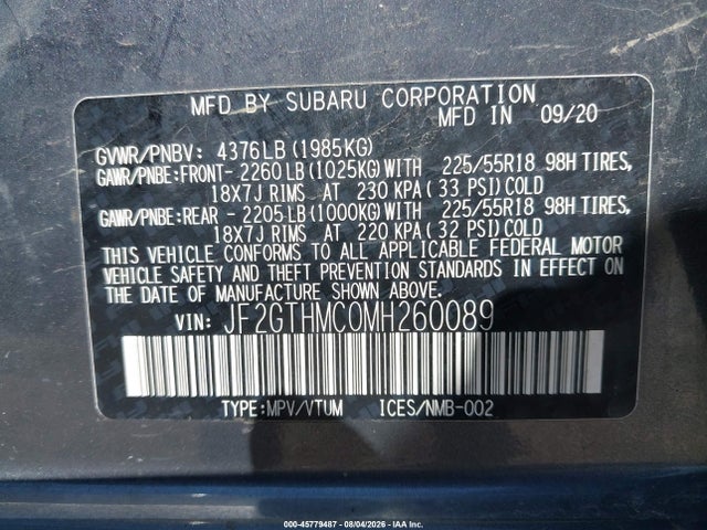 2021 Subaru Crosstrek Limited მანქანა იყიდება აუქციონზე, vin: JF2GTHMC0MH260089, აუქციონის ნომერი: 45779487