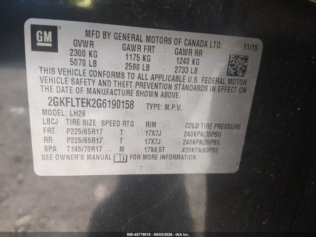 45779510 :رقم المزاد ، 2GKFLTEK2G6190158 vin ، 2016 Gmc Terrain Sle-2 مزاد بيع