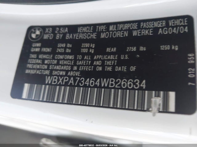 Aukcja sprzedaży 2004 Bmw X3 2.5i, vin: WBXPA73464WB26634, numer aukcji: 45779532