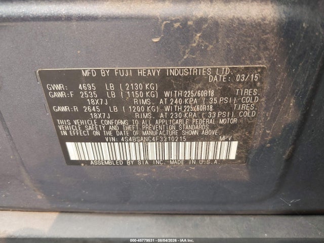 Subaru Outback 2.5i Limited 2015 4S4BSANC4F3310215 Image 9
