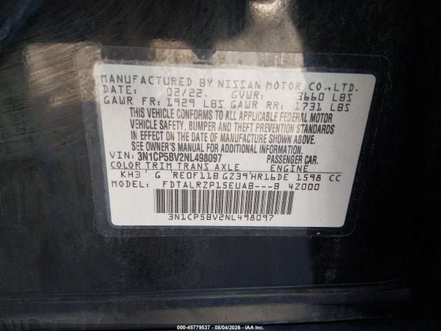 Aukcja sprzedaży 2022 Nissan Kicks S Xtronic Cvt, vin: 3N1CP5BV2NL498097, numer aukcji: 45779537