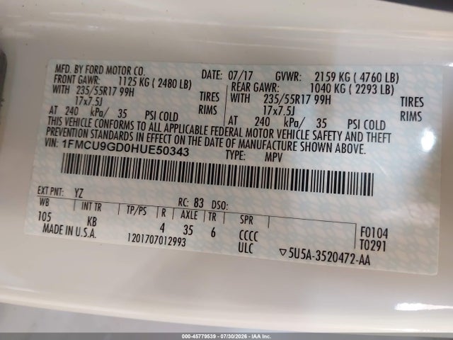 Ford ESCAPE SE 2017 1FMCU9GD0HUE50343 Image 9