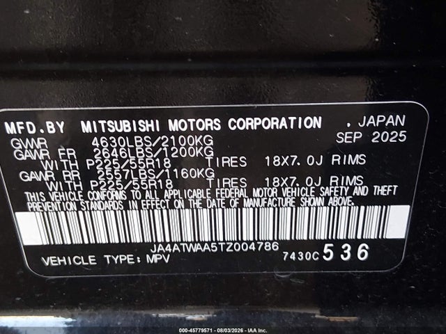 Продажа на аукционе авто 2026 Mitsubishi Eclipse Cross Black Edition S-awc/se S-awc/sel S-awc, vin: JA4ATWAA5TZ004786, номер лота: 45779571