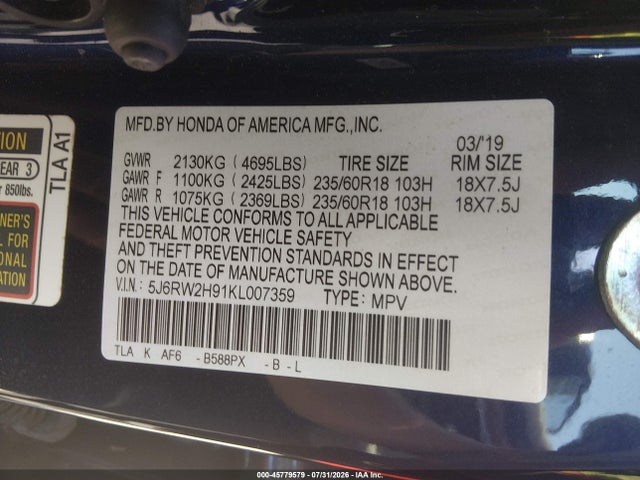 45779579 :رقم المزاد ، 5J6RW2H91KL007359 vin ، 2019 Honda Cr-v Touring مزاد بيع
