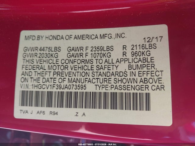 1HGCV1F39JA073595 Honda Accord Sport