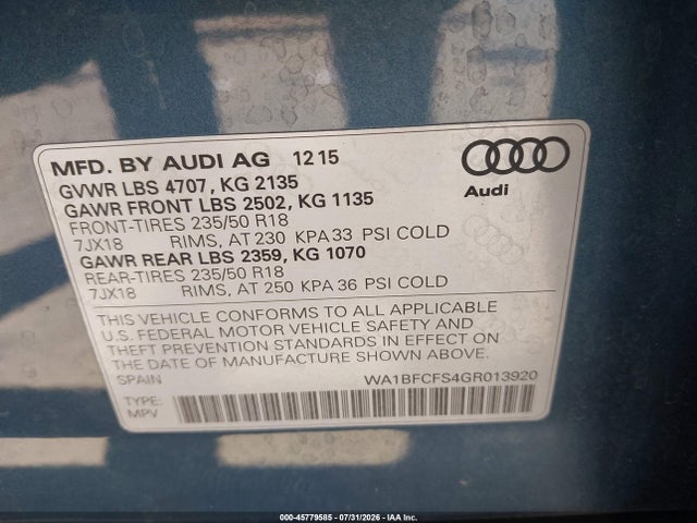 Продажа на аукционе авто 2016 Audi Q3 2.0t Premium Plus, vin: WA1BFCFS4GR013920, номер лота: 45779585