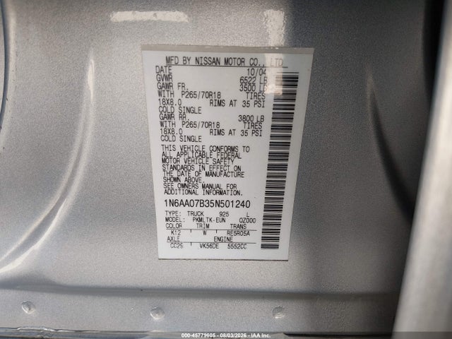 Aukcja sprzedaży 2005 Nissan Titan Se, vin: 1N6AA07B35N501240, numer aukcji: 45779605