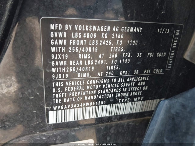 2014 Volkswagen Tiguan R-line მანქანა იყიდება აუქციონზე, vin: WVGAV3AX4EW054551, აუქციონის ნომერი: 45779644