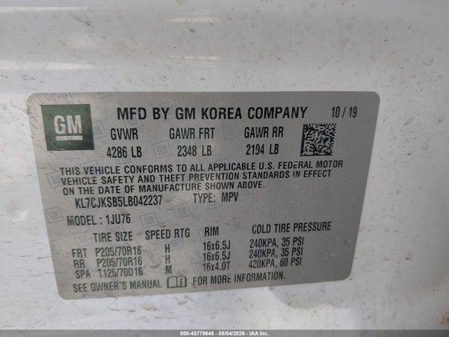 2020 Chevrolet Trax Fwd Ls მანქანა იყიდება აუქციონზე, vin: KL7CJKSB5LB042237, აუქციონის ნომერი: 45779648