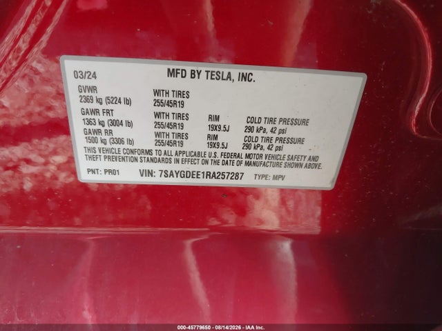 Aukcja sprzedaży 2024 Tesla Model Y Long Range Dual Motor All-wheel Drive, vin: 7SAYGDEE1RA257287, numer aukcji: 45779650
