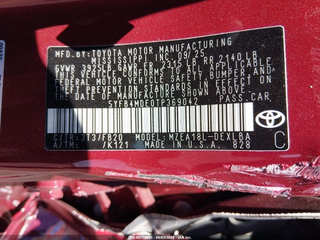 45779691 :رقم المزاد ، 5YFB4MDE0TP369042 vin ، 2026 Toyota Corolla Le مزاد بيع
