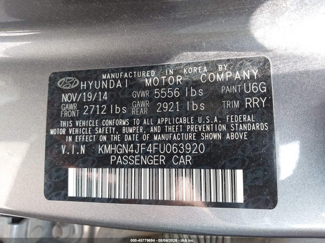 Продажа на аукционе авто 2015 Hyundai Genesis 5.0, vin: KMHGN4JF4FU063920, номер лота: 45779694