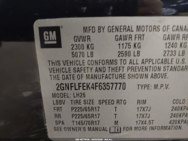 Продажа на аукционе авто 2015 Chevrolet Equinox Lt, vin: 2GNFLFEK4F6357770, номер лота: 45779705