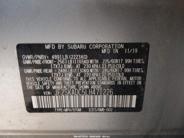 45779735 :رقم المزاد ، JF2SKADC5LH471226 vin ، 2020 Subaru Forester مزاد بيع