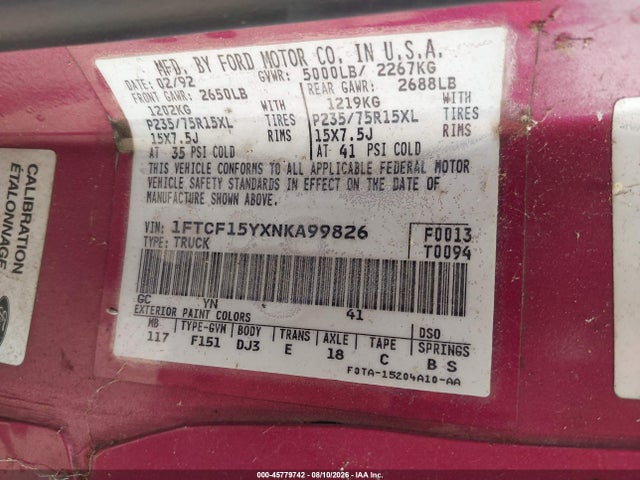Продажа на аукционе авто 1992 Ford F150, vin: 1FTCF15YXNKA99826, номер лота: 45779742