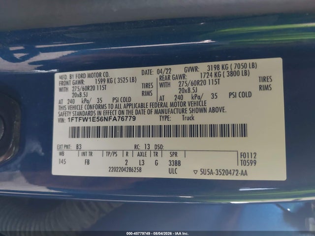 Aukcja sprzedaży 2022 Ford F-150 Xlt, vin: 1FTFW1E56NFA76779, numer aukcji: 45779749