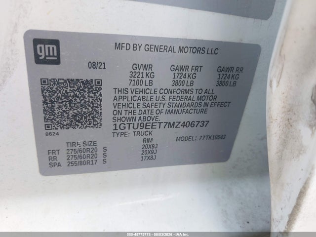 Aukcja sprzedaży 2021 Gmc Sierra 1500 4wd  Short Box At4, vin: 1GTU9EET7MZ406737, numer aukcji: 45779778