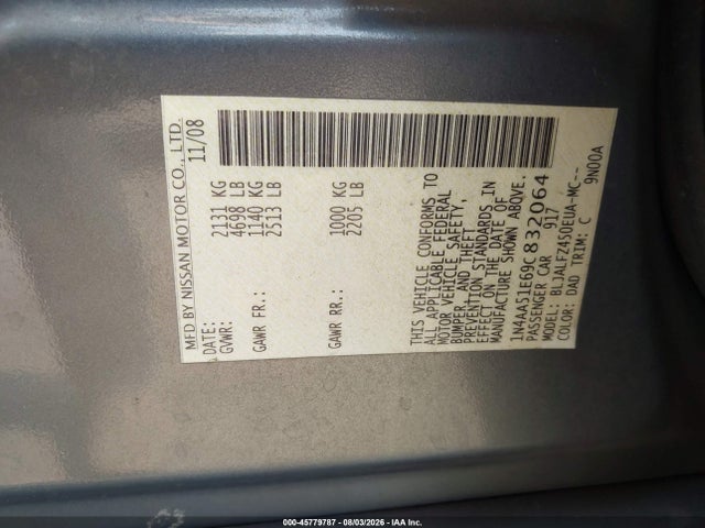 45779787 :رقم المزاد ، 1N4AA51E69C832064 vin ، 2009 Nissan Maxima 3.5 Sv مزاد بيع