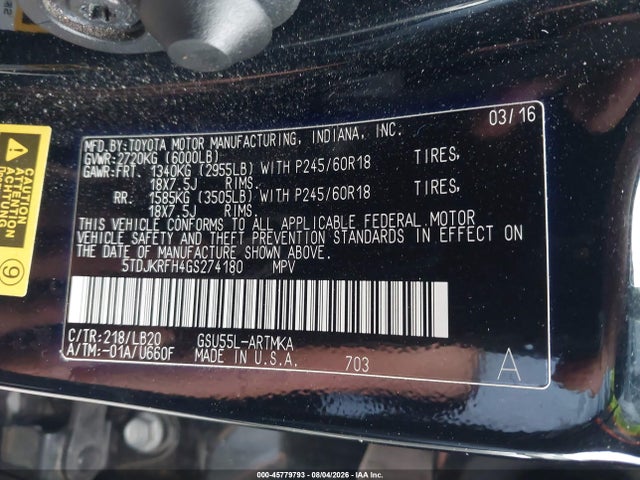 5TDJKRFH4GS274180 Toyota Highlander Xle V6