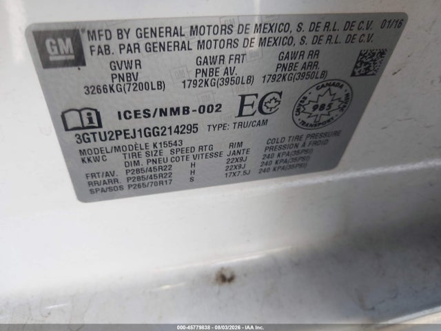 Продаж на аукціоні авто 2016 Gmc Sierra 1500 Denali, vin: 3GTU2PEJ1GG214295, номер лоту: 45779838