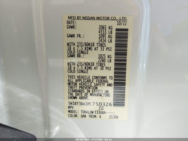 5N1BT3BA3PC750326 Nissan Rogue Sv Fwd
