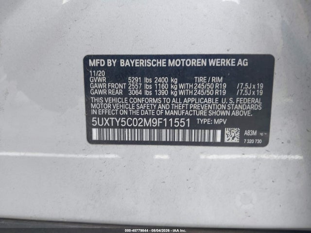 45779844 :رقم المزاد ، 5UXTY5C02M9F11551 vin ، 2021 Bmw X3 Xdrive30i مزاد بيع