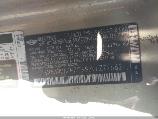 Продажа на аукционе авто 2010 Mini Cooper S, vin: WMWMF7C59ATZ72662, номер лота: 45779845