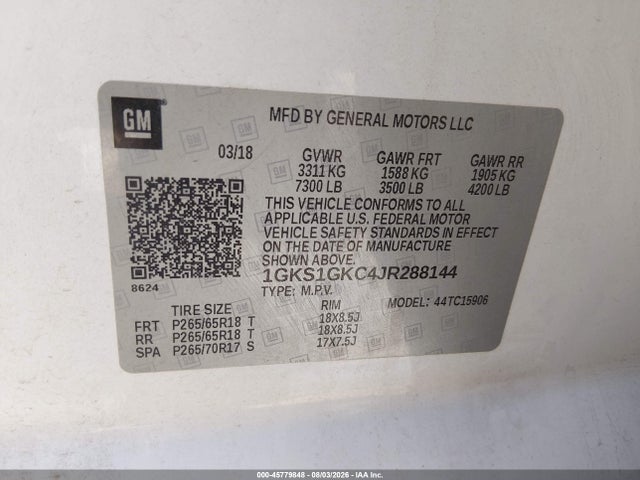 45779848 :رقم المزاد ، 1GKS1GKC4JR288144 vin ، 2018 Gmc Yukon Xl Slt مزاد بيع