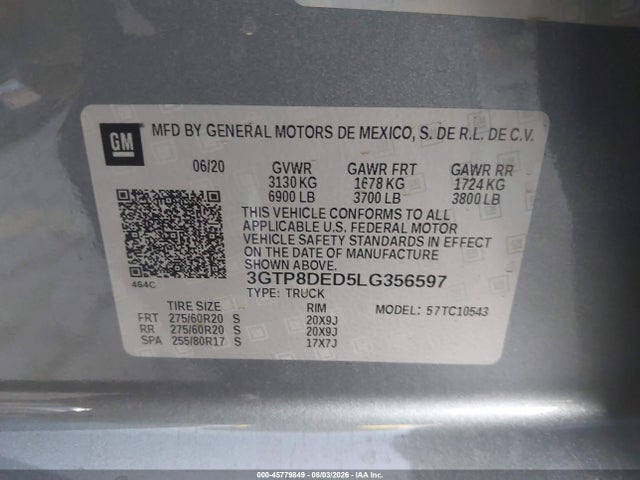Продаж на аукціоні авто 2020 Gmc Sierra 1500 2wd  Short Box Slt, vin: 3GTP8DED5LG356597, номер лоту: 45779849