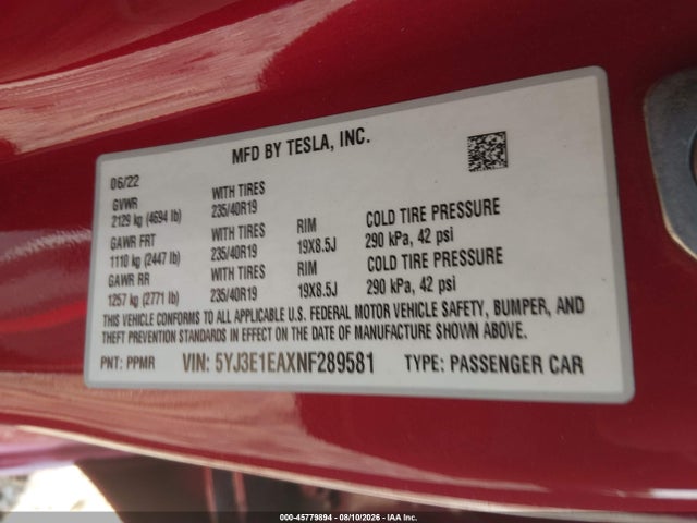 Tesla Model 3 Rear-wheel Drive 2022 5YJ3E1EAXNF289581 Image 9