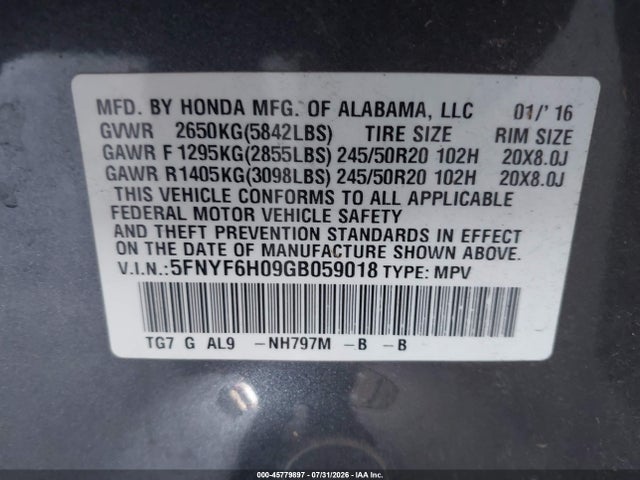 Honda Pilot Elite 2016 5FNYF6H09GB059018 Image 9